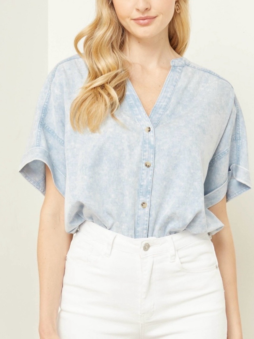 entro Light Denim Short Sleeve Button-Front V-Neck Bodysuit